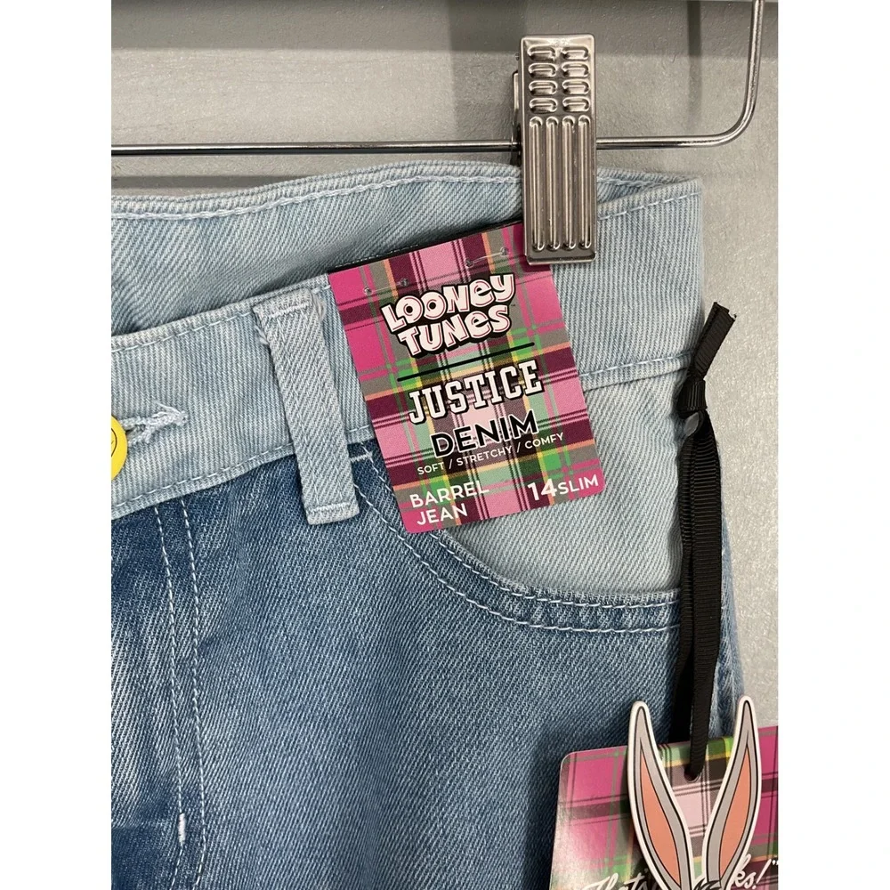 Justice Girls Looney Tunes Cargo Barrel Jean Light Wash Bugs Bunny 14 Slim